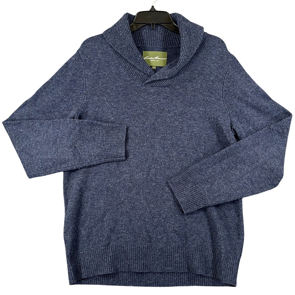 Eddie Bauer Lambswool‎ Shawl Collar Sweater Mens M Heathered Blue Winter Casual